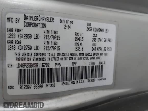 2005 Dodge Caravan SE with VIN 1D4GP25B05B116782, listed as a IAAI auction lot 42477266 with 108,761 mi miles and . Bid and sale history available at DreamBid. Image 9.