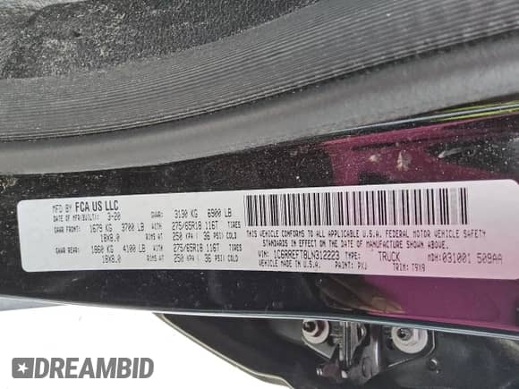 2020 Ram 1500 Big Horn with VIN 1C6RREFT8LN312223, listed as a Copart auction lot 64540805 with 84,182 mi miles and Clean title. Bid and sale history available at DreamBid. Image 12.