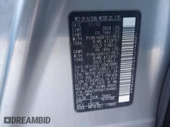 2011 Nissan Cube S с VIN JN8AZ2KR5BT204865, выставлен на аукционе IAAI как лот 43375732 с пробегом 264 637 миль миль и . История ставок и продаж доступна на DreamBid. Изображение 9.