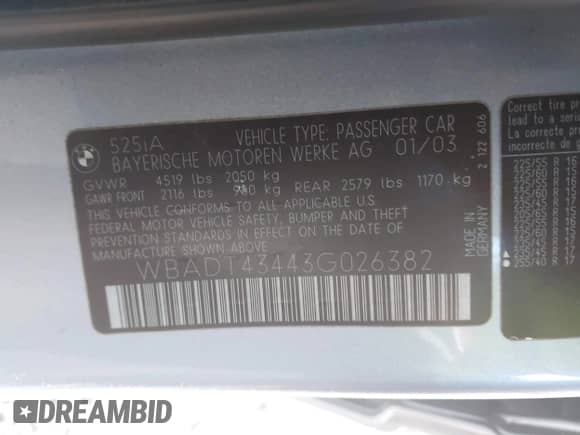 2003 BMW 5 Series 525i z VIN WBADT43443G026382, wystawiony jako IAAI lot #43355616 z przebiegiem 169 038 mil mil oraz . Historia ofert i sprzedaży dostępna na DreamBid. Obrazek 9.