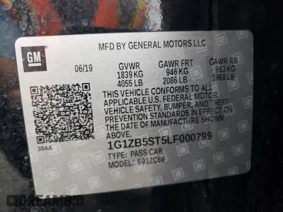 2020 Chevrolet Malibu LS with VIN 1G1ZB5ST5LF000799, listed as a Copart auction lot 83861185 with Not provided miles and Non repairable. Bid and sale history available at DreamBid. Image 13.