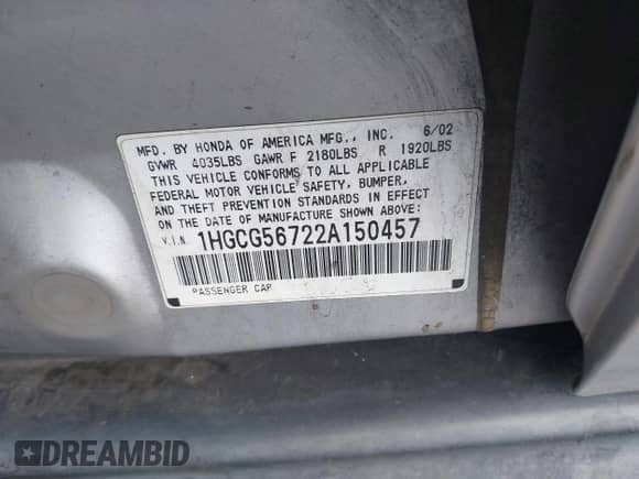 2002 Honda Accord SE with VIN 1HGCG56722A150457, listed as a IAAI auction lot 42773510 with 247,862 mi miles and . Bid and sale history available at DreamBid. Image 9.