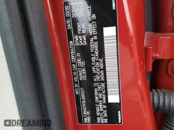 2020 Volvo S60 Momentum с VIN 7JRA22TK9LG065577, выставлен на аукционе Copart как лот 64072795 с пробегом 38 760 миль миль и Списание • Salvage title. История ставок и продаж доступна на DreamBid. Изображение 12.
