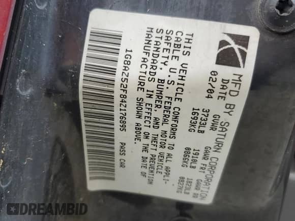 2004 Saturn ION ION 2 with VIN 1G8AZ52F84Z176895, listed as a Copart auction lot 70564795 with 102,000 mi miles and Clean title. Bid and sale history available at DreamBid. Image 12.