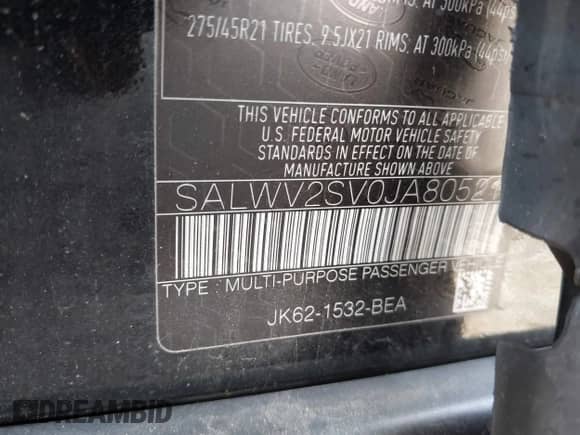 2018 Land Rover Range Rover Sport HSE Dynamic with VIN SALWV2SV0JA805212, listed as a IAAI auction lot 42211817 with 83,957 mi miles and . Bid and sale history available at DreamBid. Image 9.