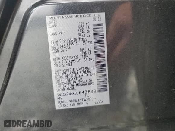 2014 Nissan Pathfinder Platinum Hybrid with VIN 5N1CR2MMXEC643839, listed as a Copart auction lot 57241155 with 234,625 mi miles and Salvage title. Bid and sale history available at DreamBid. Image 13.