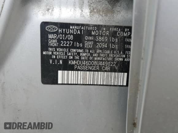 2008 Hyundai Elantra GLS с VIN KMHDU46D08U449122, выставлен на аукционе Copart как лот 81862295 с пробегом 189 720 миль миль и Чистый • Clean title. История ставок и продаж доступна на DreamBid. Изображение 12.