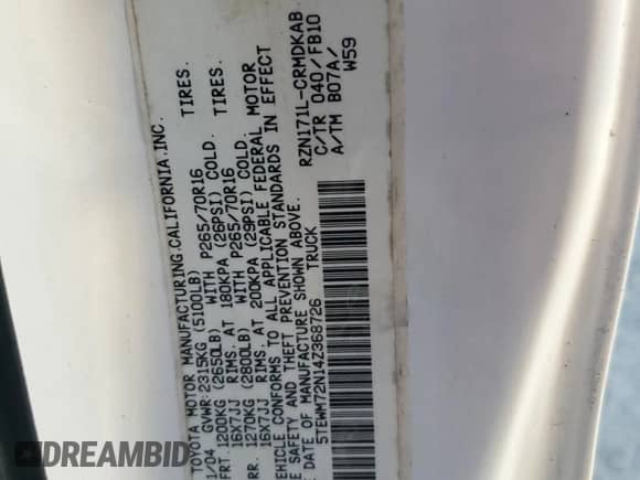 2004 Toyota Tacoma с VIN 5TEWM72N14Z368726, выставлен на аукционе Copart как лот 86518755 с пробегом 209 320 миль миль и Чистый • Clean title. История ставок и продаж доступна на DreamBid. Изображение 12.