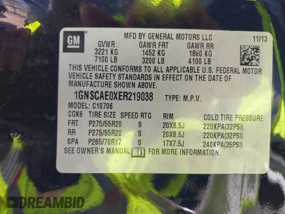 2014 Chevrolet Tahoe LS with VIN 1GNSCAE0XER219038, listed as a IAAI auction lot 42284768 with 82,037 mi miles and . Bid and sale history available at DreamBid. Image 9.