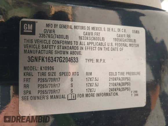 2007 Chevrolet Suburban LTZ с VIN 3GNFK16347G204633, выставлен на аукционе IAAI как лот 43379859 с пробегом 264 726 миль миль и . История ставок и продаж доступна на DreamBid. Изображение 9.