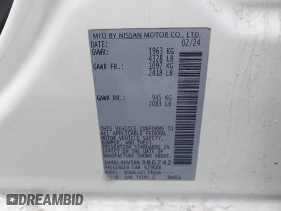 2024 Nissan Altima SV с VIN 1N4BL4DV5RN386742, выставлен на аукционе IAAI как лот 43565310 с пробегом 48 380 миль миль и . История ставок и продаж доступна на DreamBid. Изображение 9.