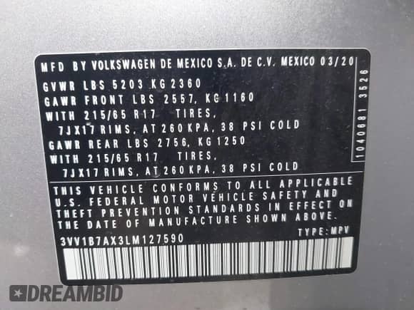 2020 Volkswagen Tiguan S с VIN 3VV1B7AX3LM127590, выставлен на аукционе IAAI как лот 40852532 с пробегом 62 465 миль миль и . История ставок и продаж доступна на DreamBid. Изображение 9.