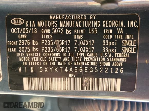 2014 Kia Sorento LX with VIN 5XYKT4A66EG522126, listed as a Copart auction lot 80641235 with 129,304 mi miles and Salvage title. Bid and sale history available at DreamBid. Image 12.