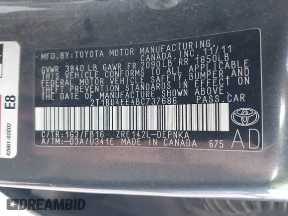 2011 Toyota Corolla S with VIN 2T1BU4EE4BC737686, listed as a IAAI auction lot 43344598 with 172,742 mi miles and . Bid and sale history available at DreamBid. Image 9.