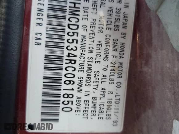 1994 Honda Accord with VIN JHMCD5534RC061850, listed as a Copart auction lot 73778814 with 307,204 mi miles and Clean title. Bid and sale history available at DreamBid. Image 12.
