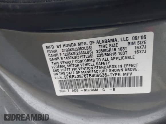 2007 Honda Odyssey EX-L с VIN 5FNRL38767B406636, выставлен на аукционе IAAI как лот 42032947 с пробегом 228 139 миль миль и . История ставок и продаж доступна на DreamBid. Изображение 9.