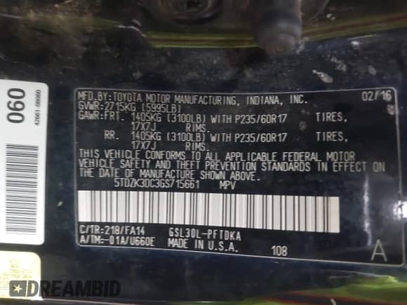 2016 Toyota Sienna L with VIN 5TDZK3DC3GS715661, listed as a IAAI auction lot 42230071 with 154,971 mi miles and . Bid and sale history available at DreamBid. Image 9.
