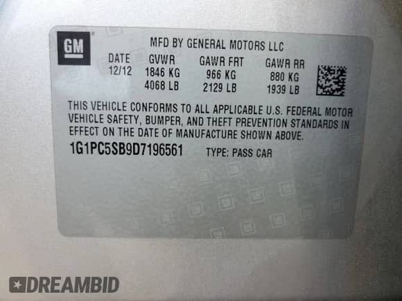 2013 Chevrolet Cruze 1LT с VIN 1G1PC5SB9D7196561, выставлен на аукционе Copart как лот 81310875 с пробегом 126 840 миль миль и Списание • Salvage title. История ставок и продаж доступна на DreamBid. Изображение 12.