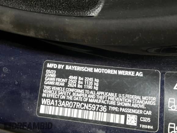 2024 BMW 4 Series M440i xDrive with VIN WBA13AR07RCN59736, listed as a Copart auction lot 67823265 with 30,813 mi miles and Salvage title. Bid and sale history available at DreamBid. Image 12.