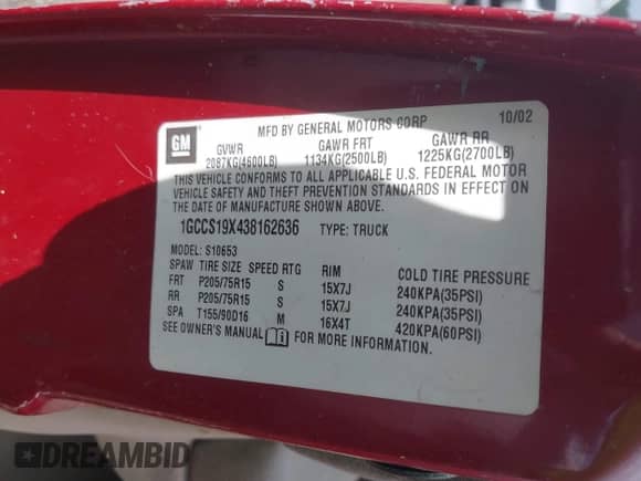 2003 Chevrolet S-10 LS z VIN 1GCCS19X438162636, wystawiony jako IAAI lot #42630720 z przebiegiem Nie podano mil oraz . Historia ofert i sprzedaży dostępna na DreamBid. Obrazek 9.