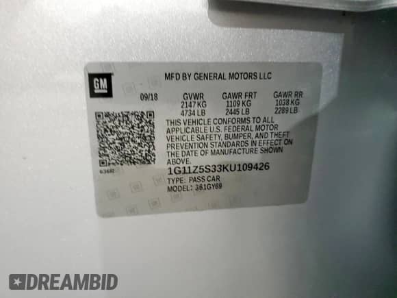 2019 Chevrolet Impala LT с VIN 1G11Z5S33KU109426, выставлен на аукционе Copart как лот 70728975 с пробегом Не указан миль и Списание • Salvage title. История ставок и продаж доступна на DreamBid. Изображение 12.