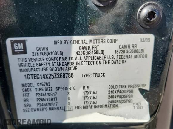 2005 GMC Sierra 1500 Work Truck with VIN 1GTEC14X25Z268786, listed as a Copart auction lot 81259355 with 82,352 mi miles and Salvage title. Bid and sale history available at DreamBid. Image 12.