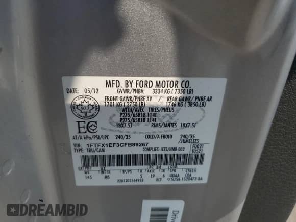 2012 Ford F-150 XL z VIN 1FTFX1EF3CFB89267, wystawiony jako Copart lot #69203925 z przebiegiem 86 756 mil mil oraz Czysty tytuł • Clean title. Historia ofert i sprzedaży dostępna na DreamBid. Obrazek 12.