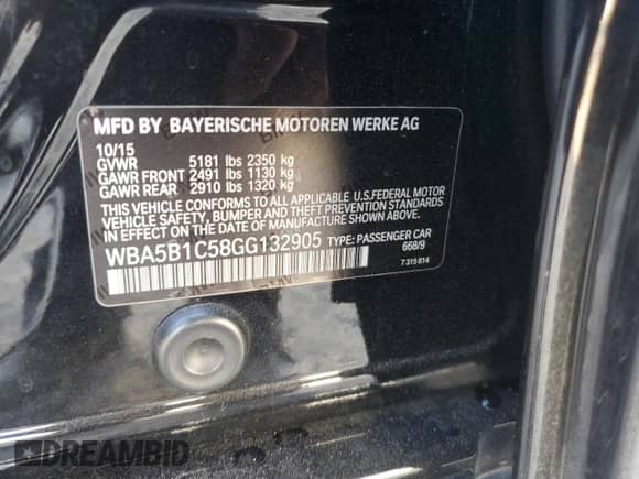 2016 BMW 5 Series 535i с VIN WBA5B1C58GG132905, выставлен на аукционе Copart как лот 85531985 с пробегом 87 253 миль миль и Списание • Salvage title. История ставок и продаж доступна на DreamBid. Изображение 12.