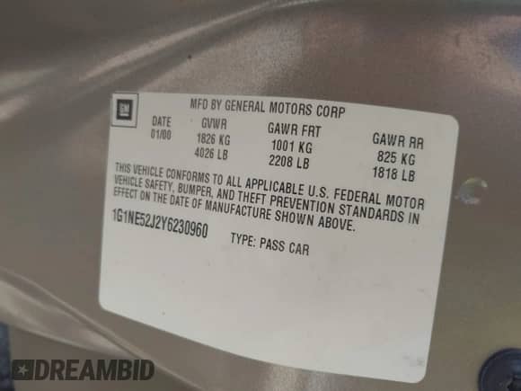 2000 Chevrolet Malibu LS с VIN 1G1NE52J2Y6230960, выставлен на аукционе IAAI как лот 43073945 с пробегом 98 648 миль миль и . История ставок и продаж доступна на DreamBid. Изображение 9.