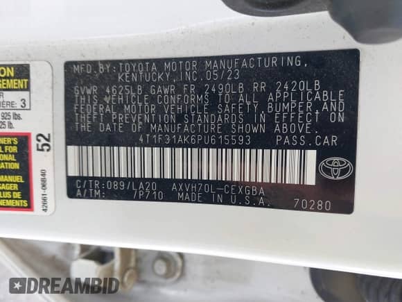 2023 Toyota Camry Hybrid XLE с VIN 4T1F31AK6PU615593, выставлен на аукционе IAAI как лот 42131977 с пробегом 11 300 миль миль и . История ставок и продаж доступна на DreamBid. Изображение 9.