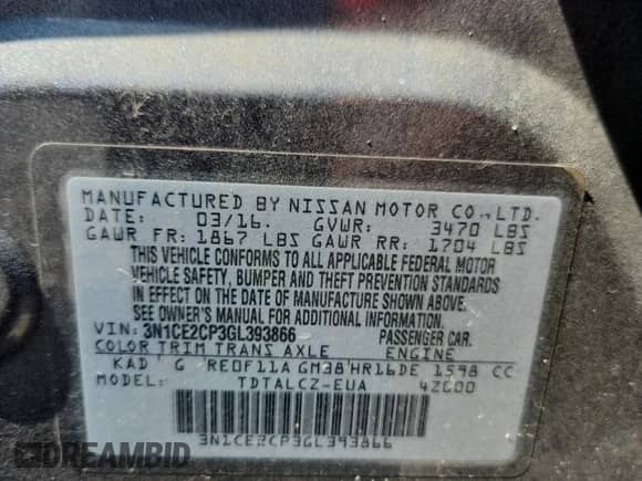 2016 Nissan Note S Plus с VIN 3N1CE2CP3GL393866, выставлен на аукционе Copart как лот 66496045 с пробегом Не указан миль и Списание • Salvage title. История ставок и продаж доступна на DreamBid. Изображение 12.