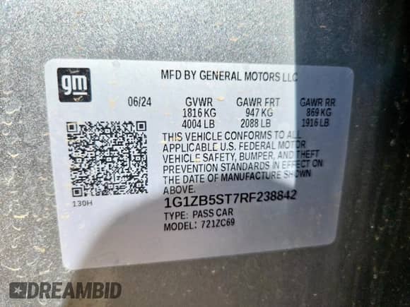 2024 Chevrolet Malibu LS с VIN 1G1ZB5ST7RF238842, выставлен на аукционе Copart как лот 61177435 с пробегом 14 950 миль миль и Чистый • Clean title. История ставок и продаж доступна на DreamBid. Изображение 12.