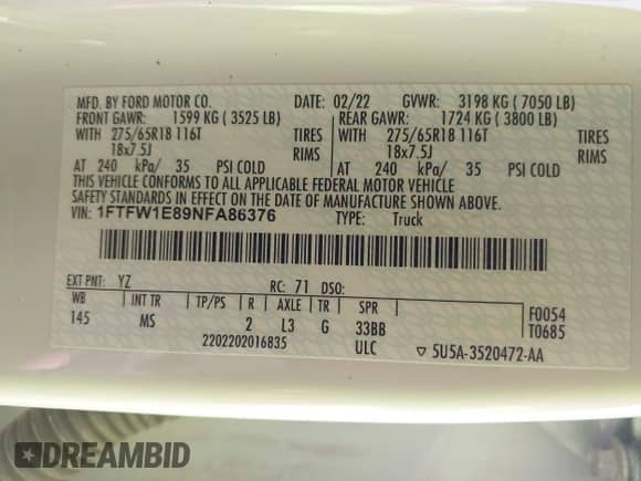 2022 Ford F-150 XL с VIN 1FTFW1E89NFA86376, выставлен на аукционе IAAI как лот 43313176 с пробегом 119 875 миль миль и . История ставок и продаж доступна на DreamBid. Изображение 9.