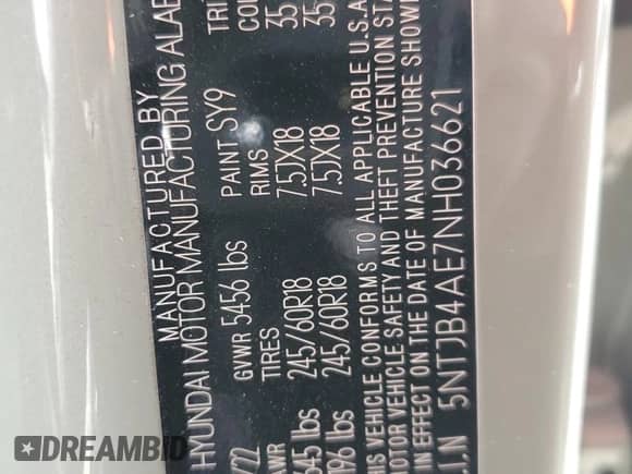 2022 Hyundai Santa Cruz SEL с VIN 5NTJB4AE7NH036621, выставлен на аукционе Copart как лот 76979894 с пробегом 38 729 миль миль и Списание • Salvage title. История ставок и продаж доступна на DreamBid. Изображение 12.