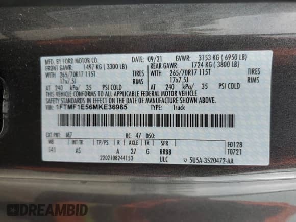 2021 Ford F-150 XL with VIN 1FTMF1E56MKE36985, listed as a Copart auction lot 55805335 with 49,618 mi miles and Salvage title. Bid and sale history available at DreamBid. Image 12.