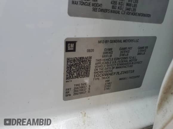 2020 Chevrolet Silverado 1500 Work Truck z VIN 1GCRWAEF7LZ343719, wystawiony jako Copart lot #58968395 z przebiegiem 122 411 mil mil oraz Szkoda całkowita • Salvage title. Historia ofert i sprzedaży dostępna na DreamBid. Obrazek 12.