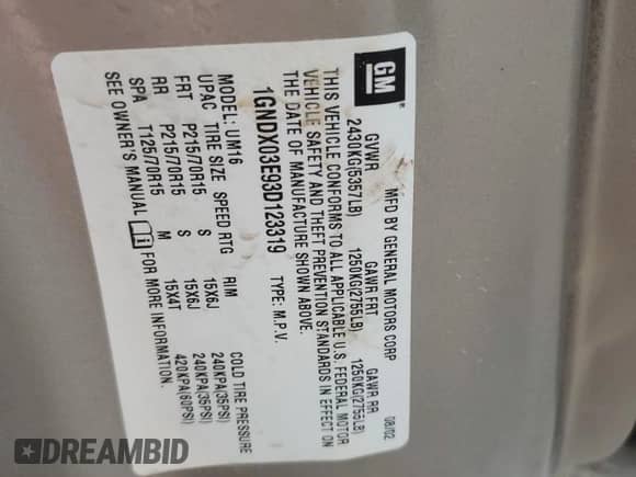 2003 Chevrolet Venture 1SA с VIN 1GNDX03E93D123319, выставлен на аукционе Copart как лот 71070694 с пробегом Не указан миль и Списание • Salvage title. История ставок и продаж доступна на DreamBid. Изображение 13.