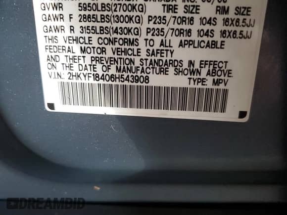 2006 Honda Pilot EX с VIN 2HKYF18406H543908, выставлен на аукционе Copart как лот 84388705 с пробегом 249 082 миль миль и Чистый • Clean title. История ставок и продаж доступна на DreamBid. Изображение 13.