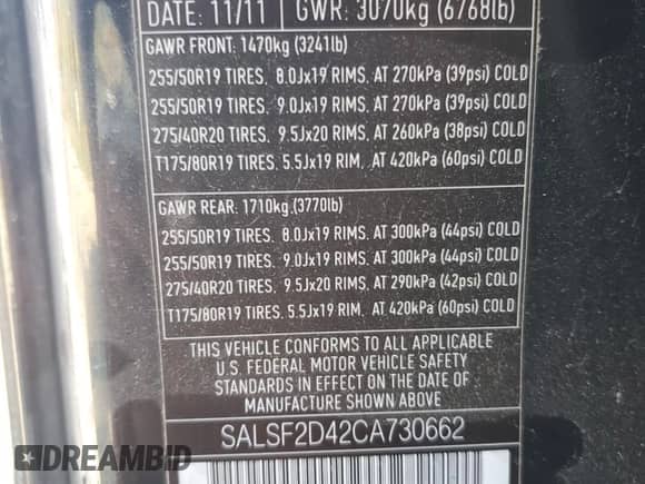 2012 Land Rover Range Rover Sport HSE with VIN SALSF2D42CA730662, listed as a Copart auction lot 86797105 with 205,547 mi miles and Clean title. Bid and sale history available at DreamBid. Image 14.