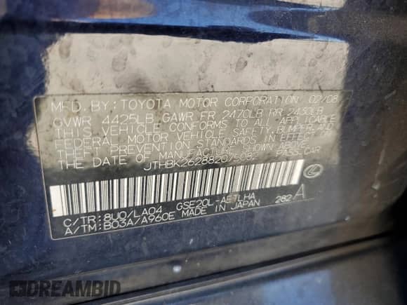 2008 Lexus IS 250 с VIN JTHBK262882075082, выставлен на аукционе Copart как лот 82419195 с пробегом 201 955 миль миль и Чистый • Clean title. История ставок и продаж доступна на DreamBid. Изображение 12.