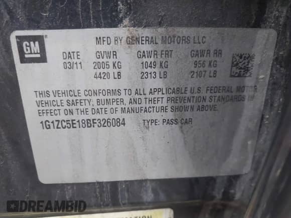 2011 Chevrolet Malibu 1LT with VIN 1G1ZC5E18BF326084, listed as a IAAI auction lot 43401691 with 123,129 mi miles and . Bid and sale history available at DreamBid. Image 9.