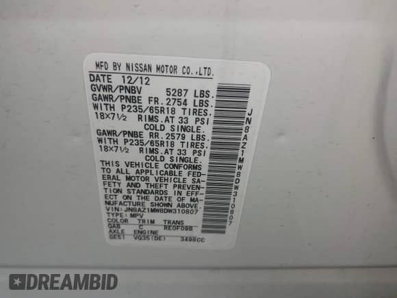 2013 Nissan Murano SL with VIN JN8AZ1MW8DW310807, listed as a IAAI auction lot 42763681 with 96,188 mi miles and . Bid and sale history available at DreamBid. Image 9.