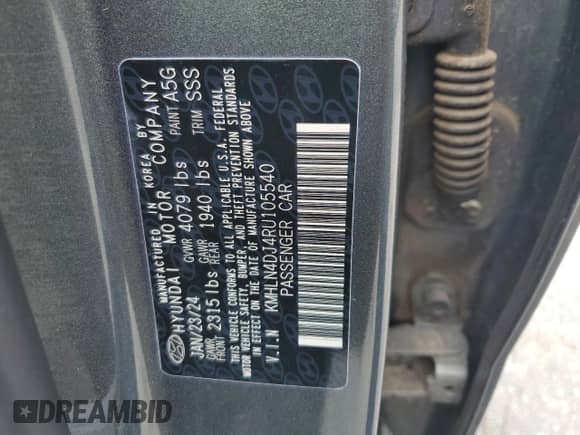 2024 Hyundai Elantra Limited with VIN KMHLN4DJ4RU105540, listed as a Copart auction lot 67931695 with 30,396 mi miles and Salvage title. Bid and sale history available at DreamBid. Image 12.