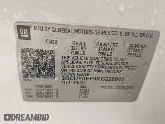 2019 Chevrolet Silverado 1500 Work Truck z VIN 3GCUYAEF3KG228943, wystawiony jako IAAI lot #42733066 z przebiegiem 148 329 mil mil oraz . Historia ofert i sprzedaży dostępna na DreamBid. Obrazek 9.