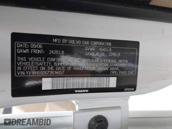 2007 Volvo S60 2.5L Turbo с VIN YV1RH592672614657, выставлен на аукционе IAAI как лот 42438342 с пробегом 105 956 миль миль и . История ставок и продаж доступна на DreamBid. Изображение 9.