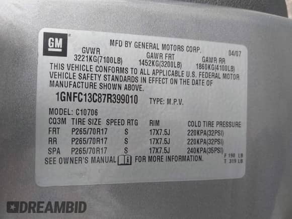 2007 Chevrolet Tahoe LS with VIN 1GNFC13C87R399010, listed as a IAAI auction lot 42681863 with 211,825 mi miles and . Bid and sale history available at DreamBid. Image 9.