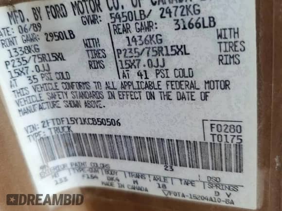 1989 Ford F-150 z VIN 2FTDF15Y1KCB50506, wystawiony jako Copart lot #68017895 z przebiegiem 77 537 mil mil oraz Czysty tytuł • Clean title. Historia ofert i sprzedaży dostępna na DreamBid. Obrazek 12.