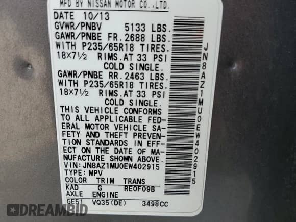 2014 Nissan Murano SV with VIN JN8AZ1MU0EW402915, listed as a Copart auction lot 59041445 with 134,203 mi miles and Salvage title. Bid and sale history available at DreamBid. Image 12.