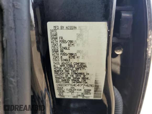 2004 Nissan Frontier XE with VIN 1N6ED27T64C477426, listed as a Copart auction lot 68329535 with 132,259 mi miles and Salvage title. Bid and sale history available at DreamBid. Image 12.