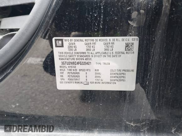2015 GMC Sierra 1500 Denali with VIN 3GTU2WEC4FG329421, listed as a IAAI auction lot 42275605 with 102,820 mi miles and . Bid and sale history available at DreamBid. Image 9.